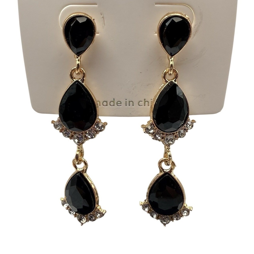 Teardrop Dangle Earrings Women OS Black NEW Gold Tone Rhinestone Tiered Drop